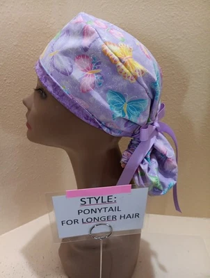 Sparkle Butterflies Purple Women's Ponytail Surgical Scrub Hat/Cap Handmade - Image 1 of 4