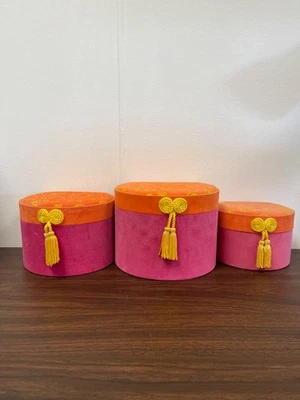 Set of 3 Round Soft Plush Nesting Boxes Hinge Lid Pink Orange Yellow - Image 1 of 4