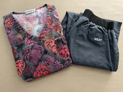 Womens UA Scrubs Hearts Multi with Grey Pants Medium *Read description on sizing - Image 1 of 4