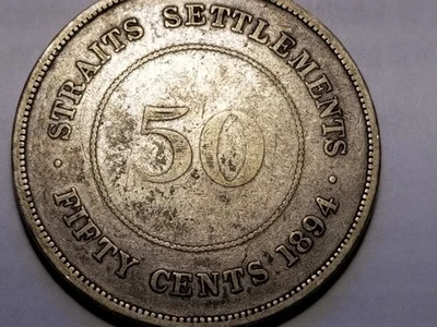 STRAITS SETTLEMENTS 1894 50 CENTS Silver Coin VG Queen Victoria KM#13 Scarce - Image 1 of 2