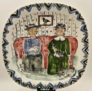 Vtg Hand Crafted Redware Pottery Dish Plate Bowl Women w/Cats 11" - Picture 1 of 13