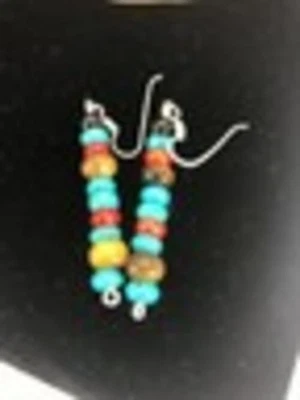 Navajo Sterling Silver Turquoise Tigers Eye Coral Earrings 10097 - Image 1 of 4