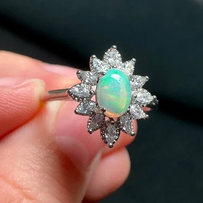 White Fire Opal Ring Cubic Zirconia Crystals Adjustable Silver Ring Opal Ring - Image 1 of 4