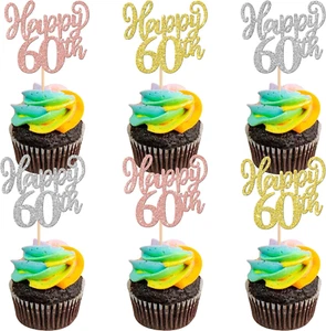 24 Pack Happy 60Th Cupcake Toppers Glitter Sixty Cheers to 60 Cupcake Picks 60 F - Picture 1 of 12