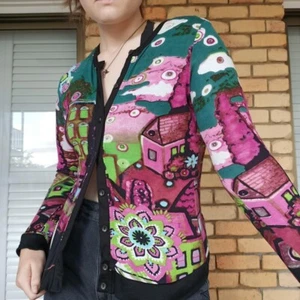 Vintage Y2K 2000s Floral Knit Cardigan Pink JPG Style Tattoo Avant Garde Size 10 - Bild 1 von 9