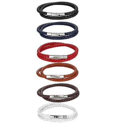 Brazalete brazalete de cuero trenzado multicapa con cierre de acero inoxidable plateado para hombre Foto 1 de 2