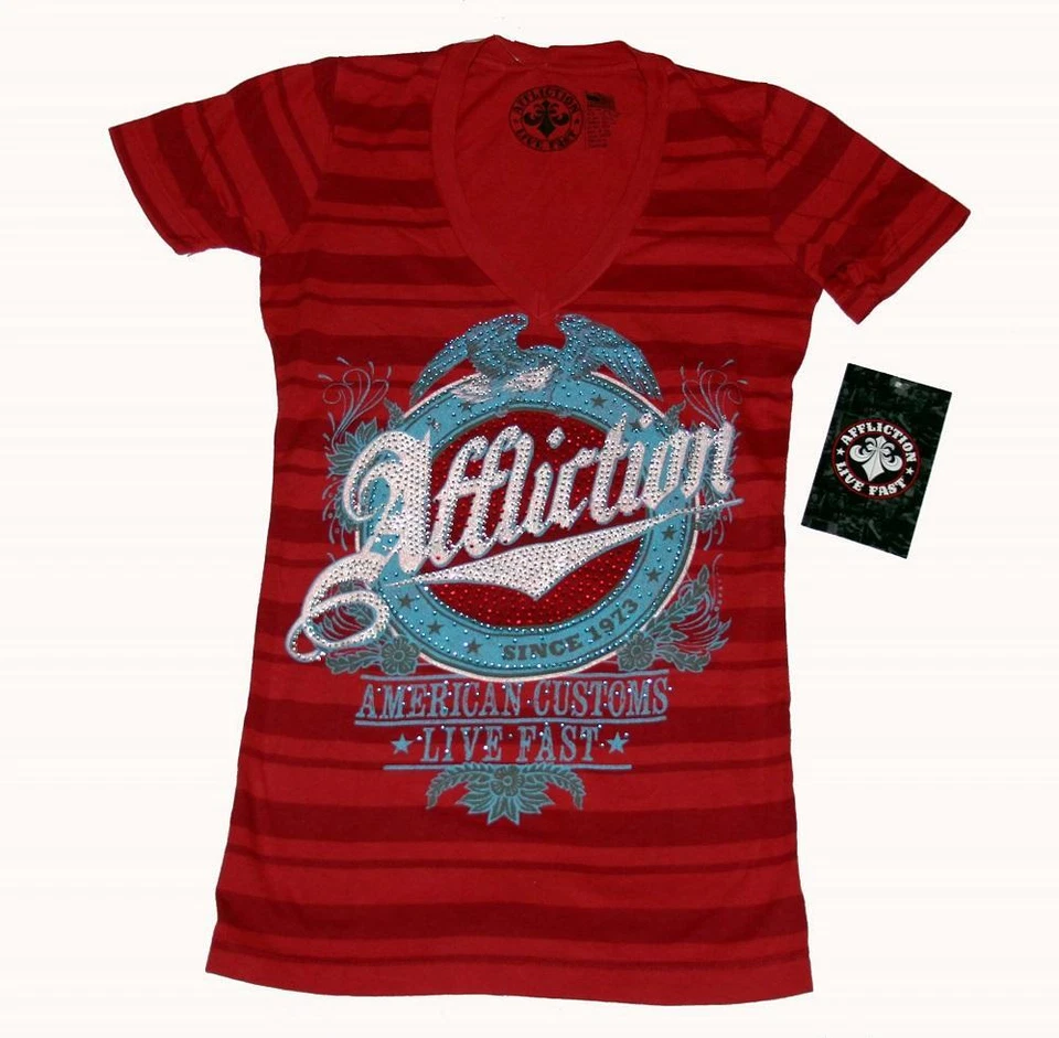 Top Affliction Cascade Rayas Rojas Estrás Escritura S/S Cuello en V WMS X-S NUEVO CON ETIQUETAS Foto 1 de 1