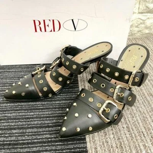 RED(V) Black Studded Buckle Mules Sandals Pointed Toe Size 35 EU Leather Italy - Picture 1 of 8