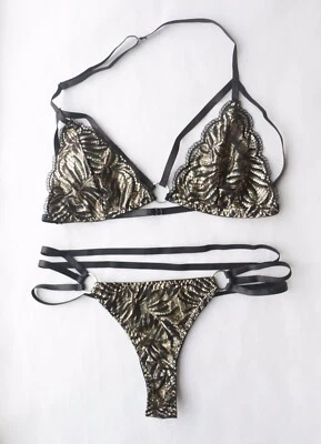 Women Sexy Bra Set Halter Faux Leather&Bling Mesh Bra+thongs Nightwear Black L - Image 1 of 4