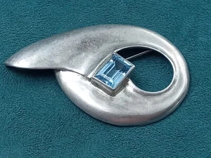 Distinctive Sterling Silver Modernist Look Pin Blue Topaz Setting: 2.5" x 1.4" - Picture 1 of 5