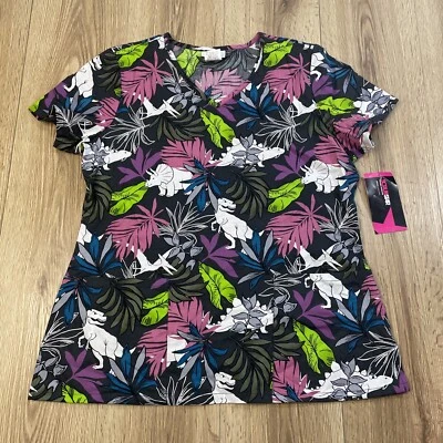SCRUBSTAR LADIES DINOSAUR THEME NURSING SCRUB TOP SIZE MED 2 FRONT POCKETS NEW - Image 1 of 4