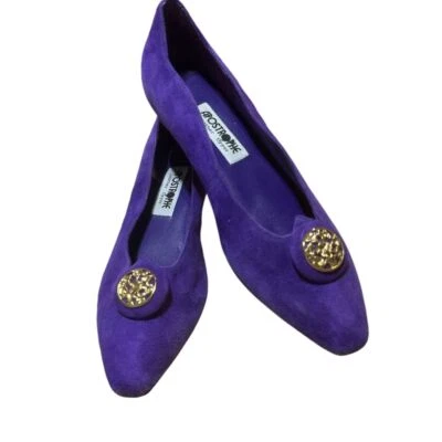 Tacones planos vintage Apostrophe gamuza púrpura detalle dorado bloque 1" (US 9B) ~ USADOS EN EXCELENTE ESTADO Foto 1 de 4