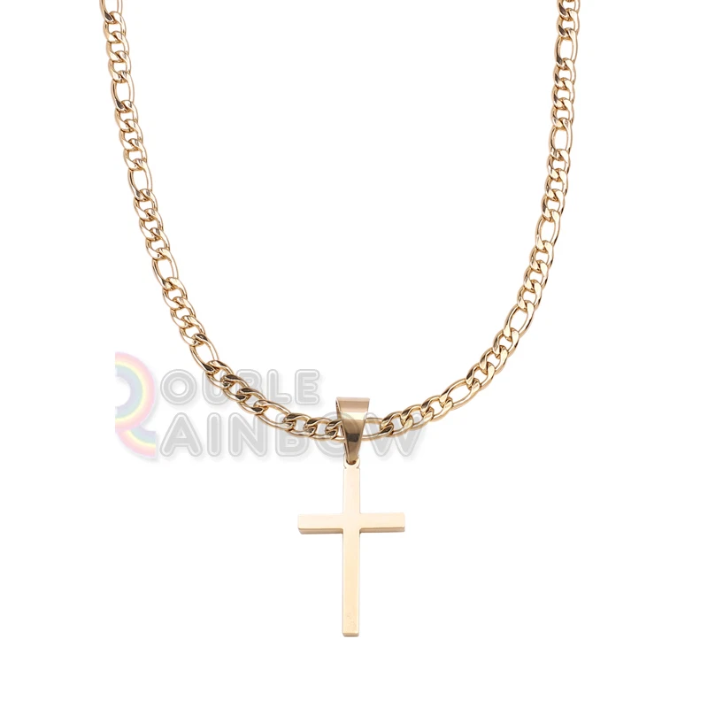 P30 Men stainless steel Gold Silver cross pendant 6mm figaro necklace chain Link - Image 1 of 1