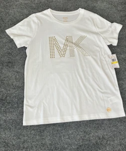 Michael Kors Mujer Dorado Tachonado Blanco Camiseta MK Logo Camiseta Talla: M Nuevo Con Etiquetas - Imagen 1 de 8
