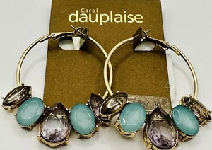 Carol Dauplaise Gold Tone Blue And Clear Rhinestone Hoop Earrings 1.5 Inches. - Picture 1 of 8