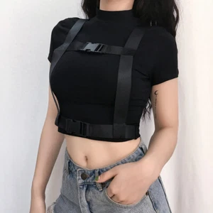 Blouse Punk Shirt Crop Top Tee Summer Women Short Sleeve Gothic Buckle - Picture 1 of 9