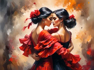 Two Women in Love Colorful Embrace Flamenco Dancers Abstract Poster Art Print - Picture 1 of 1