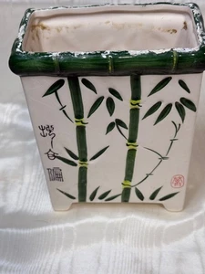 VINTAGE CHINOISERIE KERAMIK ÜBERTOPF MIT HANDBEMALTEM BAMBUS DESIGN - Bild 1 von 7