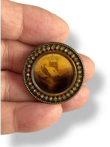 Rare Vintage Lithograph Brass Button European Village And Church - Picture 1 of 5