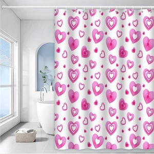 Valentine's Day Shower Curtain Pink Love Shiny Waterproof Decor with Hooks - Picture 1 of 7