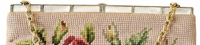 VINTAGE Beige Embroidered Floral Needlepoint Rose Clasp Coin Purse Handbag  - Image 1 of 4