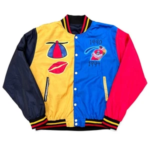 Vintage In Living Color TV Promo Colorblock Satin Snap Bomber Jacket Blue Black - Picture 1 of 6
