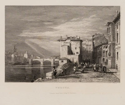 Stadtansicht von Verona am Etsch Ufer, Sst. Romantik Unbekannt (19.Jhd) - Bild 1 von 4