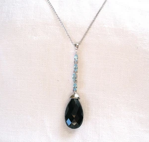 KREMENTZ- Agate Solitaire & .60 Ct. Topaz 14K White Gold Pendant & Necklace - Picture 1 of 6