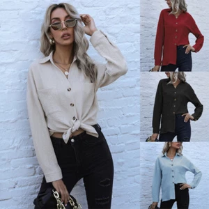 Women Casual Shirt Cardigan Long Sleeve Lapel Office Commuter Button Down Shirt - Picture 1 of 11