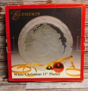 White Christmas Platter By Elements Gold Rim 13" Round Clear and Frosted Santa - Picture 1 of 13