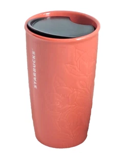 Neu mit Etikett Starbucks Orange Koralle geprägte Blume Keramik Becher 10 Oz mit Deckel - Bild 1 von 10