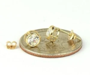 14K Yellow Gold Round Birthstone CZ Bezel Set Stud Earrings, Arete de los Meses - Picture 1 of 20
