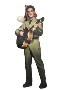 Elvis Presley Playing Guitar Wooden figurine Christmas Hat Army Green 6.5” - Picture 1 of 13