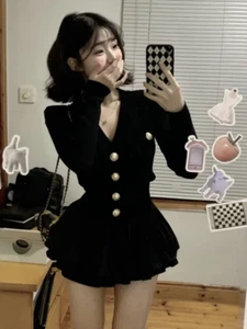 V-neck Black Knitted Cardigan Y2K E-Girl High Waist Ruched Skirt Two-Piece Set - Picture 1 of 9