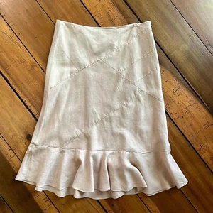 Tan 100% Linen Tan French Seam Ruffle Midi Skirt Boho Earthy Minimalist Cottage - Picture 1 of 6
