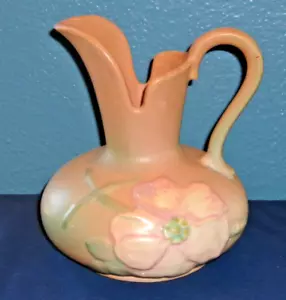 Vintage WELLER Pottery Dogwood Flower Peach and Mint 7” Tall Pitcher Vase - Picture 1 of 6