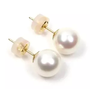 Pendientes de perla blanca genuina cultivada de 8,5-9 mm AAA oro amarillo o blanco de 18 K - Imagen 1 de 5