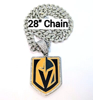 COLAR DE PEDRAS PRECIOSAS VEGAS GOLDEN KNIGHTS Prata Bling NHL Pingente Hip Hop e Corrente 28" - Imagem 1 de 3