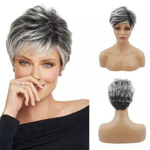 Kurze Pixie Cut Perücken mit Pony für Damen schwarz mit grau Mix Kunsthaarperücke - Bild 1 von 8