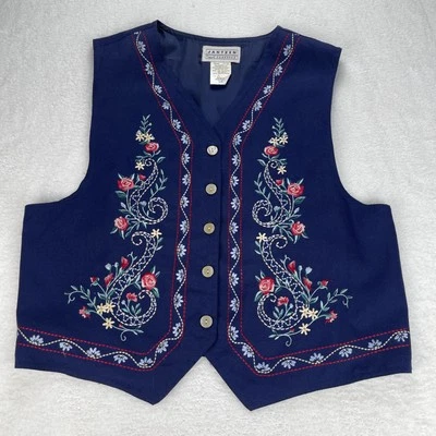 Jantzen Vest Blue Embroidered Floral Sleeveless Vest Vintage Size L Grannycore - Image 1 of 4