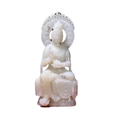 Exquisita estatua china blanca tallada en jade hetiano Kwan-yin B Foto 1 de 4