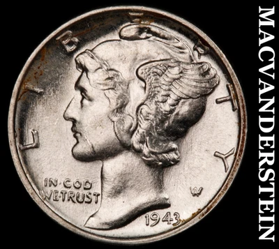 1943 Mercury Dime - FSB - Choice Gem Brilliant Uncirculated+++  Lustrous  #F5558 - Image 1 of 2