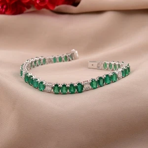 13,01 Tcw Ovaler Sambischer Smaragd H/SI Diamant Charm Armband 18k Weißgold - Bild 1 von 13