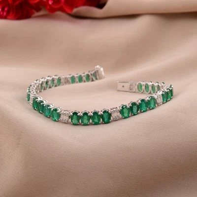 13,01 Tcw Ovaler Sambischer Smaragd H/SI Diamant Charm Armband 18k Weißgold - Bild 1 von 4