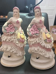 Vintage Rare Dresden Porcelain Lace Figurine Pair Pink Ladies Lamp Stand - Picture 1 of 15
