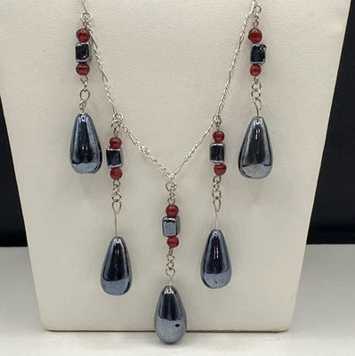 Black Teardrop & Red Glass Dangles Silver Tone Chain Necklace - Image 1 of 4