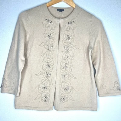 Ann Taylor grandmacore Beaded Pearl Crystal Cardigan Sweater M Beige 3/4 Sleeve - Image 1 of 4