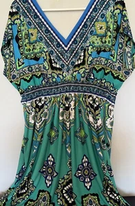 Kiara Midi Dress 2XL, Teal Floral V Neck Short Sleeve Stretch - Picture 1 of 7