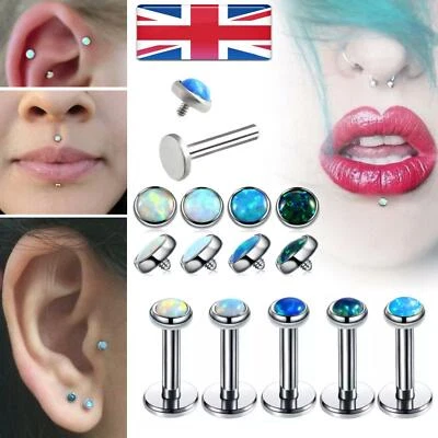 Face Piercing 6mm Stud 3mm Opal Gem Flat Disc Back Tragus Ring Nose Helix Labret - Image 1 of 4