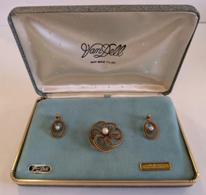 Vintage Van Dell 12K GF Cultured Pearl Earrings and Brooch Pin Set in Case - Picture 1 of 23